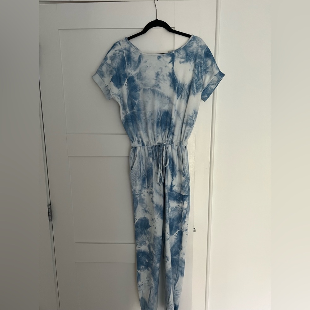 Blue and white tie dye jumpsuit.